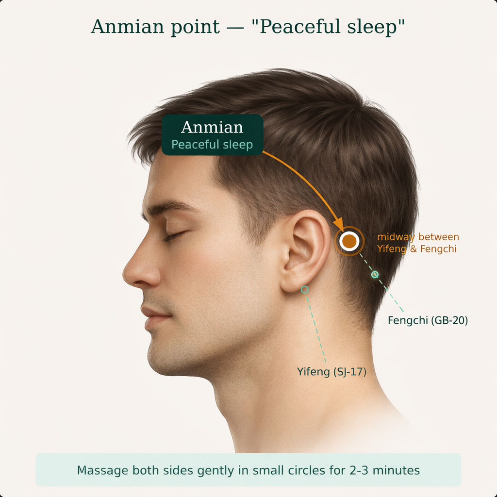 Anmian point - 'Peaceful sleep' Diagram showing the location of the Anmian acupressure point behind the ear
