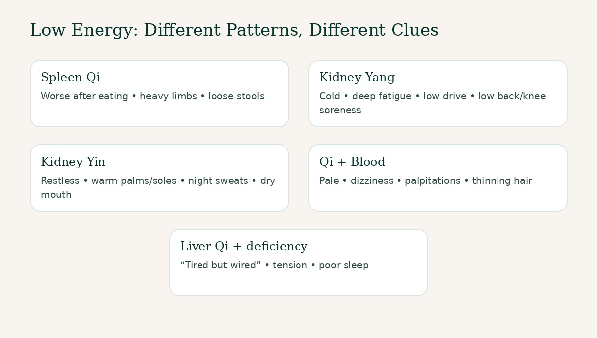 Visual summary of five Traditional Chinese Medicine patterns associated with low energy