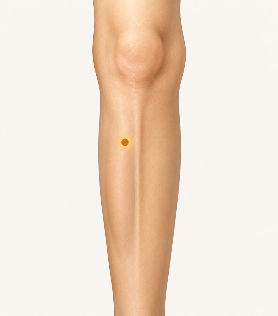 Location of acupuncture point ST 36 (Zusanli) on the lower leg