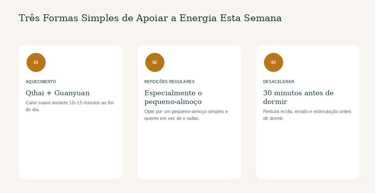 Três sugestões práticas do artigo: aquecimento suave, refeições quentes regulares e um período de desaceleração antes de dormir
